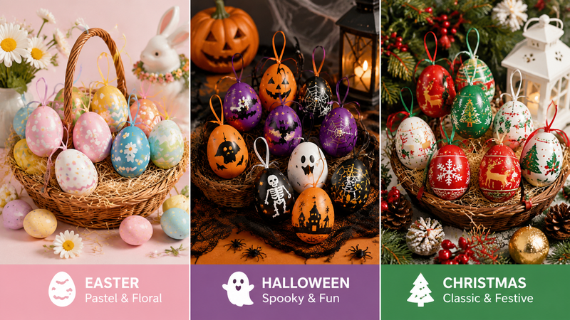 Custom Easter egg ornaments with colorful themed designs for holiday party decoration and wholesale supply