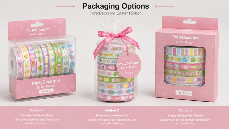 Custom Easter grosgrain ribbon packaging solutions featuring clear display box, shrink-wrap gift pack, and window gift box designs