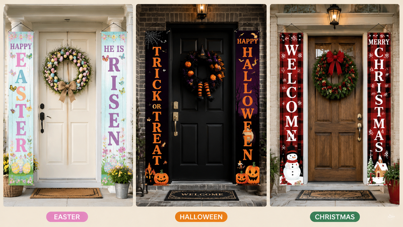 Custom seasonal vertical porch banner designs featuring Easter, Halloween, and Christmas themes with decorative wreaths and festive front door displays