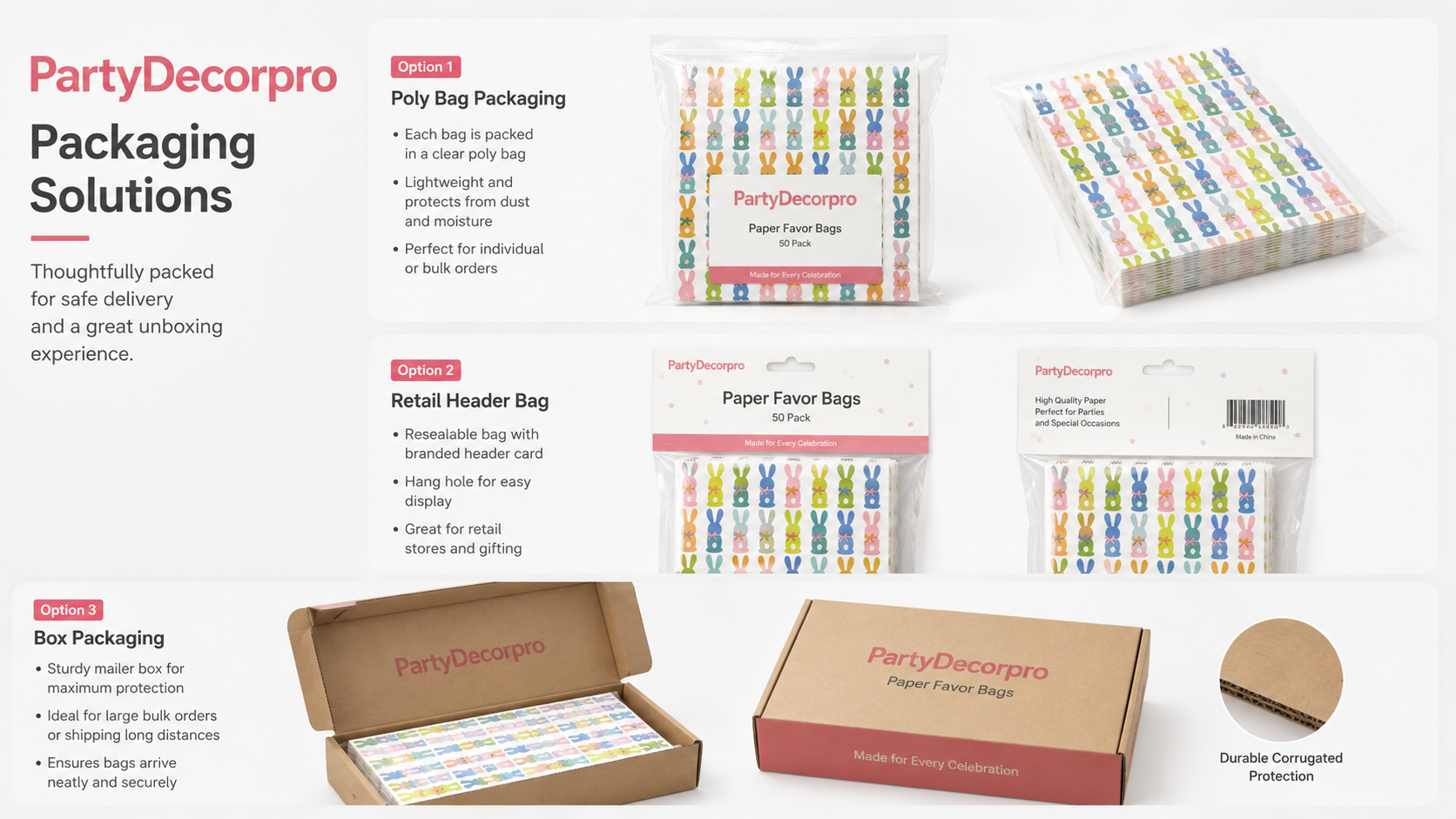 Custom packaging solutions for Easter paper favor bags featuring poly bag packaging, retail header bag packaging, and corrugated mailer box packaging for wholesale and retail distribution