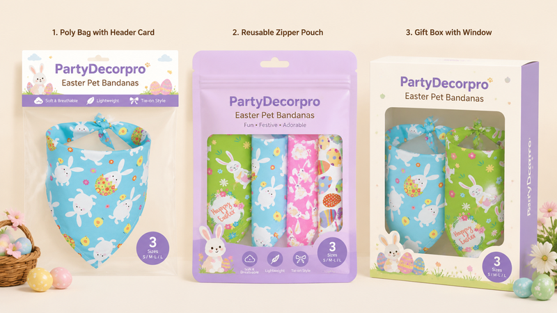 Easter pet bandana packaging design showing poly bag zipper pouch and gift box wholesale customizable product display