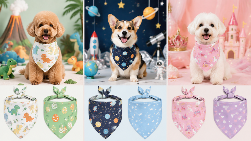 Easter themed pet bandanas triangular dog scarves bunny egg print colorful set wholesale B2B product display