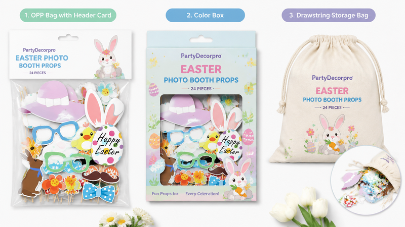 Easter photo booth props packaging mockup showing OPP bag color box and drawstring bag for wholesale B2B product presentation
