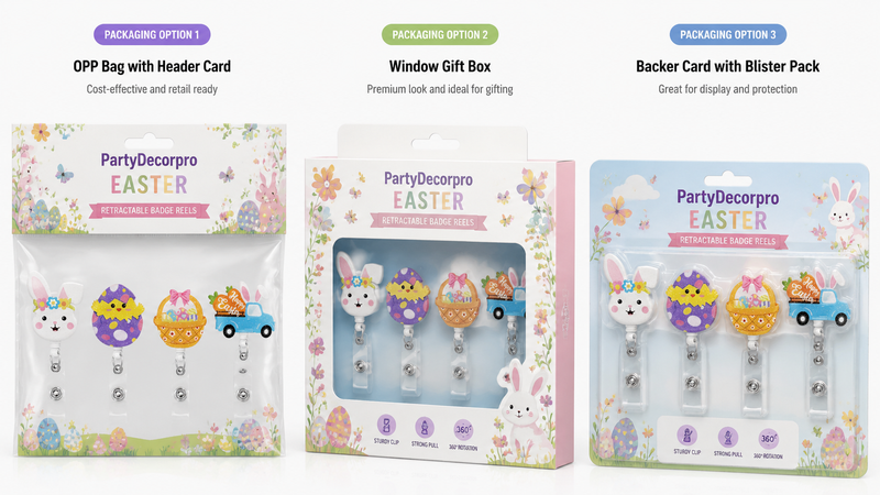 Easter retractable badge reel packaging options with OPP bag, window gift box, and blister card packaging for retail display