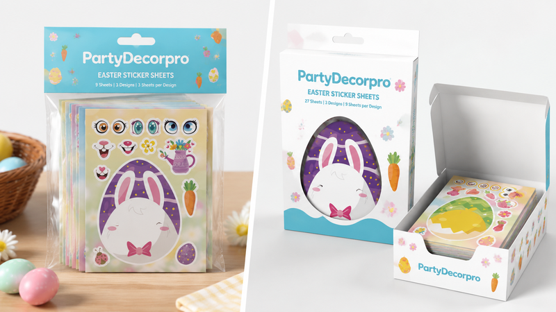 Easter sticker sheet packaging with resealable bag and retail box options