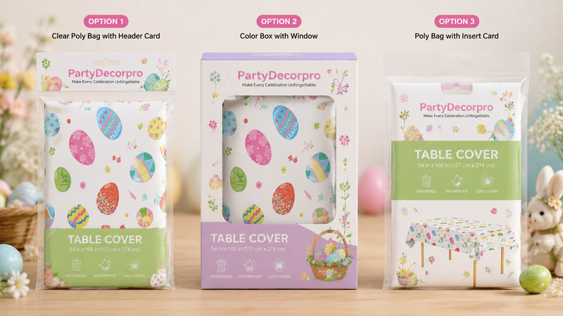 Custom Easter table cover packaging options with poly bags, window boxes and insert card solutions