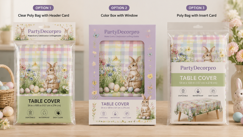 Custom Easter table cover packaging options with poly bags, window boxes and insert card solutions