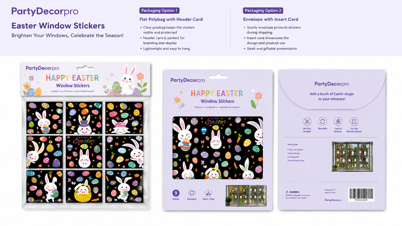 Easter window cling packaging design featuring header card polybag and insert card retail packaging solutions with colorful bunny and egg static window stickers for wholesale and custom branding