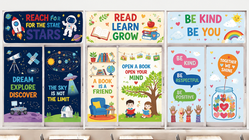 Custom Educational Window Clings Space Reading and Positive School Theme Collection