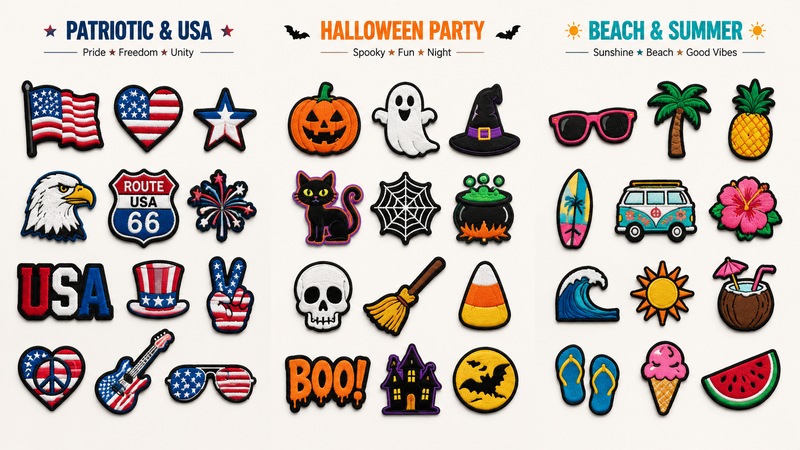 Embroidered iron-on patch set in various patriotic, party and holiday themed designs