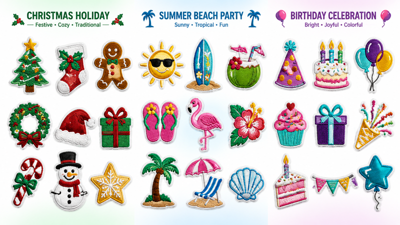 Mardi Gras style embroidered iron-on patches with masks crowns and festive designs wholesale set