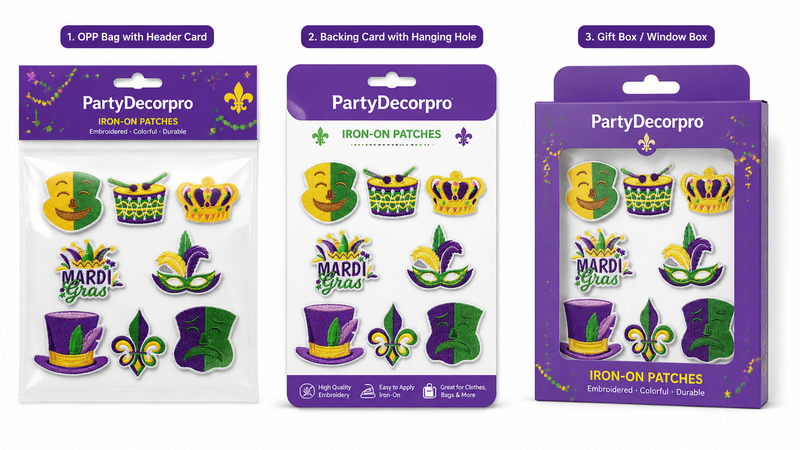 Mardi Gras embroidered iron-on patch packaging mockups in OPP bag hanging card and gift box wholesale display