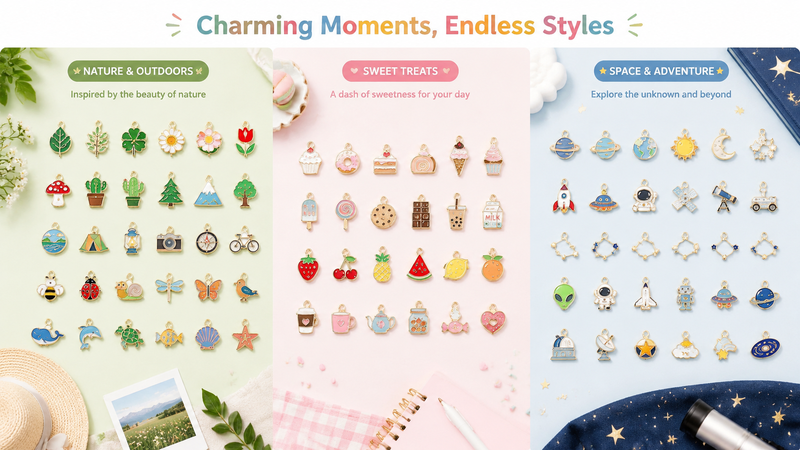 Colorful enamel earrings collection with nature, dessert and space themed designs displayed in organized grid layout on white background