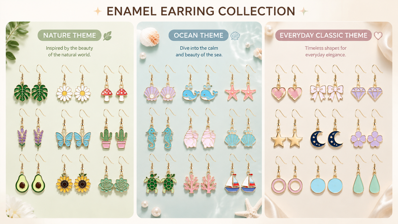 Assorted enamel dangle earrings with nature, geometric and ocean themed designs for wholesale customization