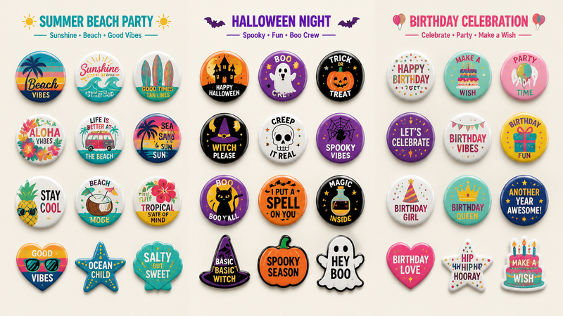 Three themed enamel pin badge collections featuring summer beach, Halloween and birthday celebration designs in assorted shapes on white background