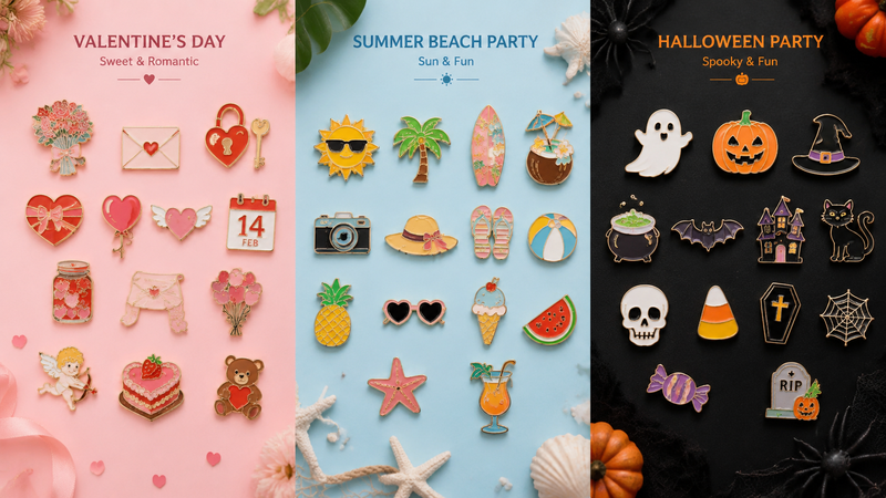 Colorful enamel pin badge collections with seasonal and festive themed designs displayed in a flat lay wholesale product layout
