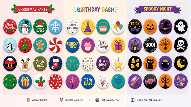 Assorted enamel pin badges display with Christmas birthday and Halloween themed designs wholesale party decoration set