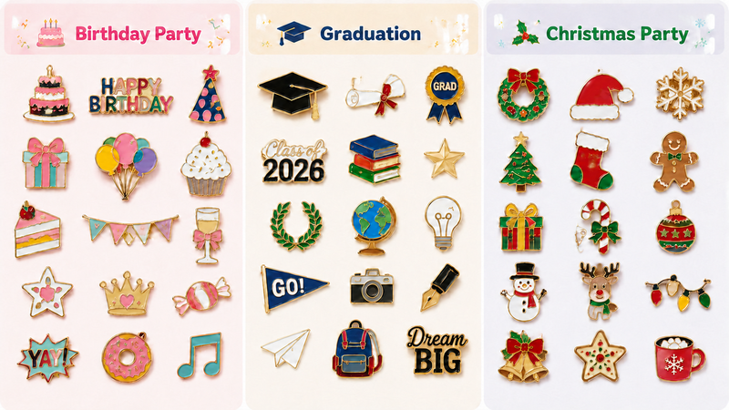 Assorted enamel pin collections featuring birthday graduation and Christmas themed designs arranged in clean catalog style for wholesale B2B display