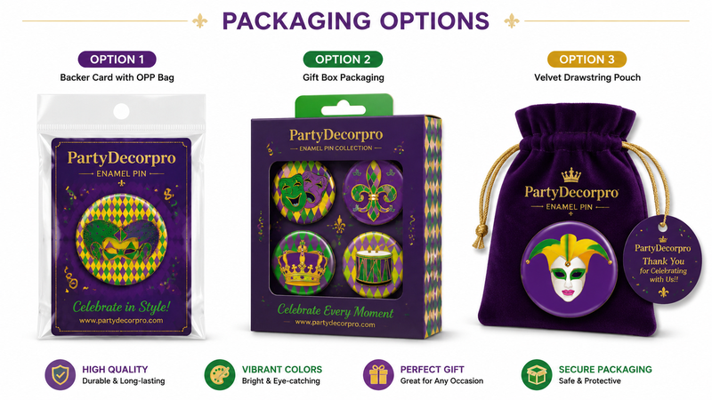 Three packaging options for enamel pins including bag, gift box and velvet pouch with customizable branding solutions