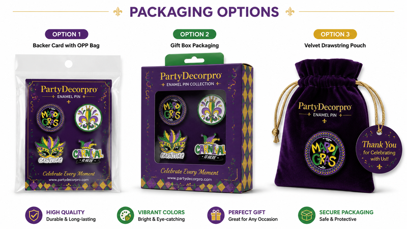 Enamel pin packaging options showing bag box and velvet pouch with customizable wholesale branding solutions