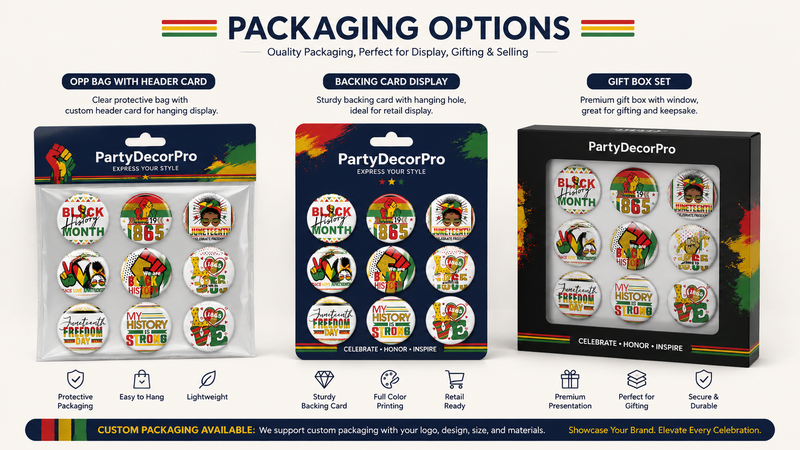 Enamel pin packaging options showing OPP bag backing card and gift box display for wholesale branding