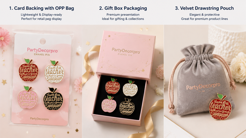 Enamel pin packaging options displayed in three layouts including card bag gift box and velvet pouch for wholesale customization