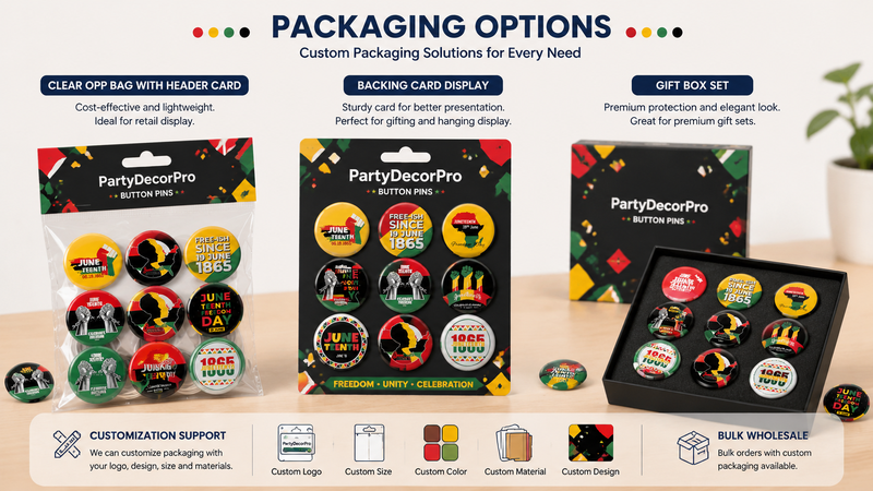 Enamel pin packaging options showing OPP bag backing card and gift box set in clean product layout for wholesale customization display