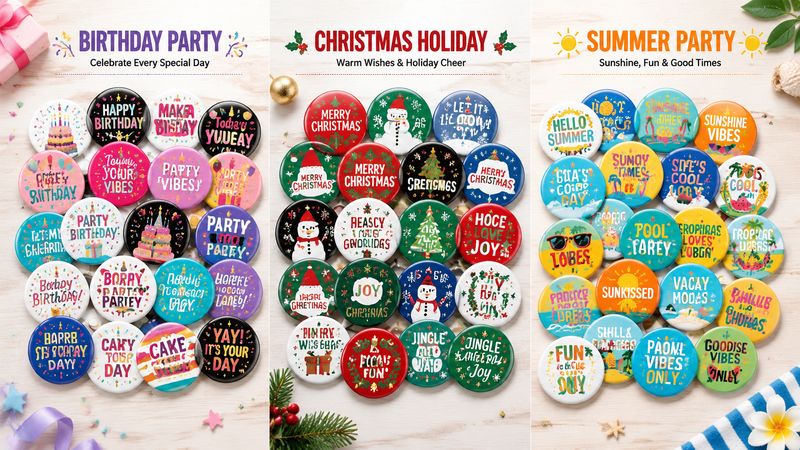 Assorted enamel pin badge collections featuring birthday Christmas and summer party themed designs displayed in a clean three panel wholesale layout