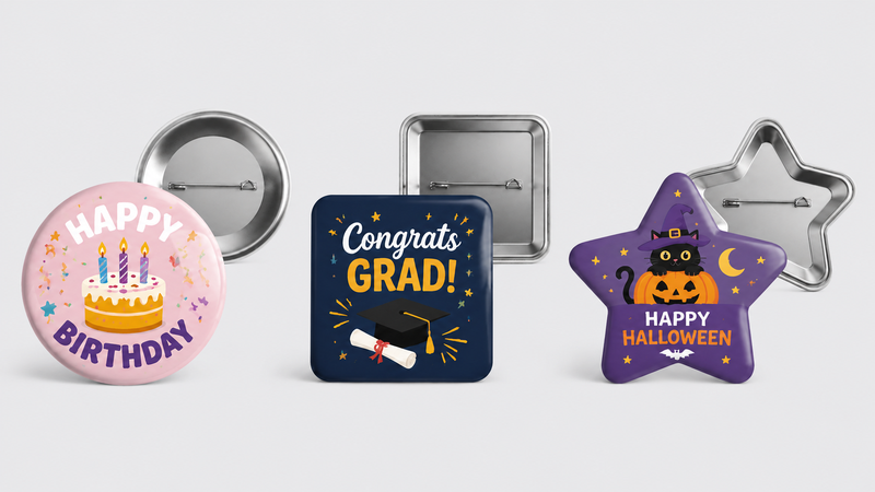 Assorted enamel pins featuring birthday graduation and Halloween themed designs displayed on clean studio background for wholesale B2B use