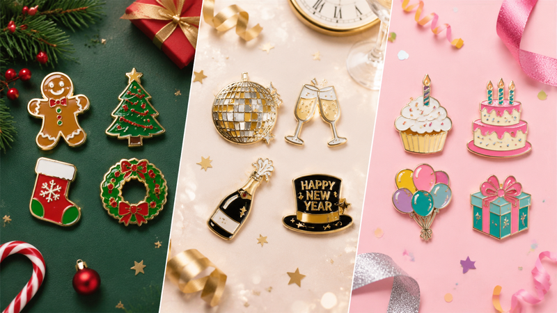Holiday themed enamel pin collection with Christmas New Year and birthday designs displayed in a three panel packaging style collage