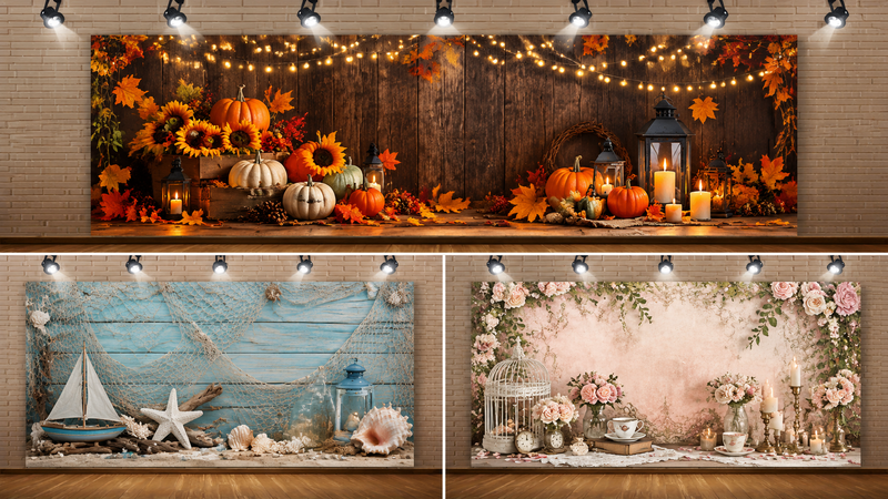 Custom themed backdrop collection featuring autumn harvest, nautical beach, and floral party background designs for events and photo booth decorations