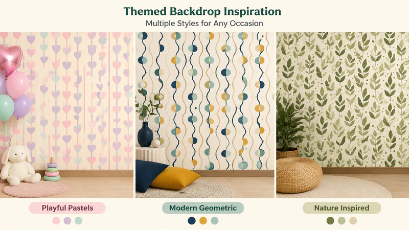 Custom Pattern Backdrop Design Ideas Featuring Pastel Party, Modern Geometric and Nature Inspired Themes