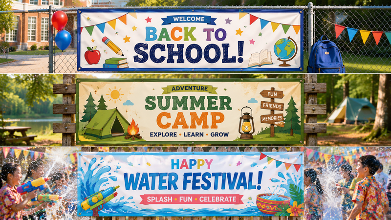 Colorful event banners with school, summer camp, and water festival themes in a lively setting.