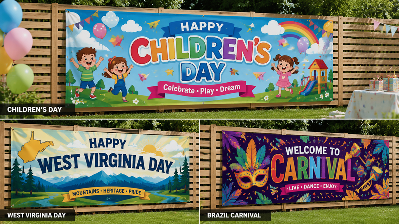 Custom fabric backdrop banners featuring Children’s Day, West Virginia Day, and Brazil Carnival themes with vibrant event decorations and outdoor display scenes.