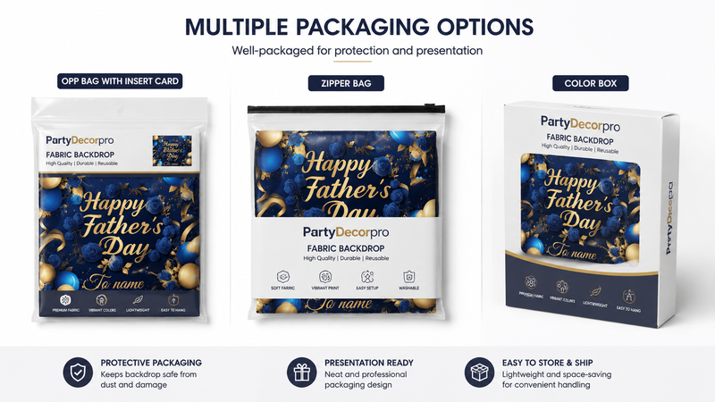 Custom packaging options for fabric backdrop including zipper pouch header card bag and retail color box packaging solutions