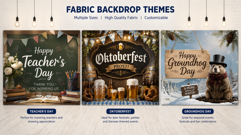 Teacher's Day Oktoberfest and Groundhog Day fabric backdrop theme collection with custom printed party background designs for events and photography