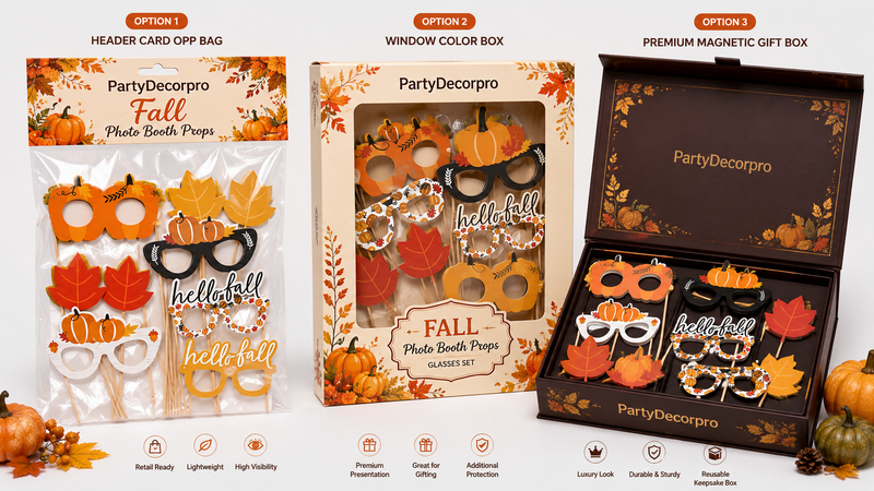Fall photo booth props packaging solutions featuring header card OPP bag, window display box, and premium magnetic gift box for wholesale retail and private label branding