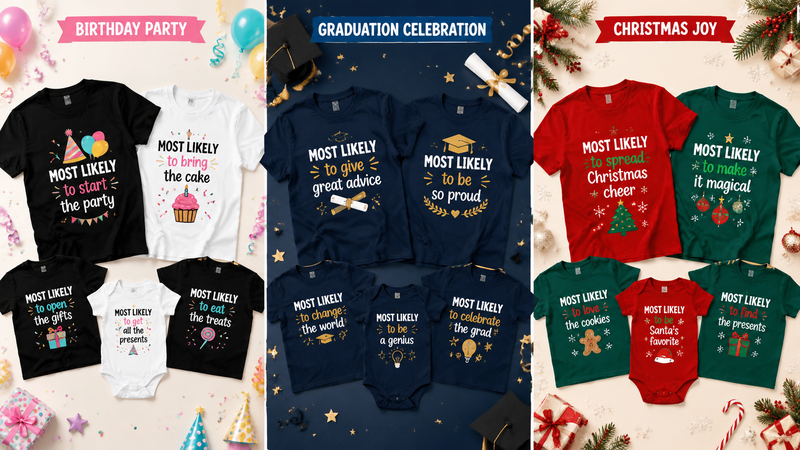 Birthday, graduation, and Christmas family apparel sets including adult T-shirts, kids T-shirts, and baby onesies with colorful festive prints