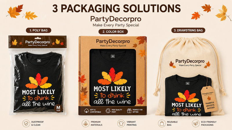 Custom apparel packaging solutions featuring poly bag, window color box, and drawstring bag for family matching holiday T-shirt sets and retail packaging