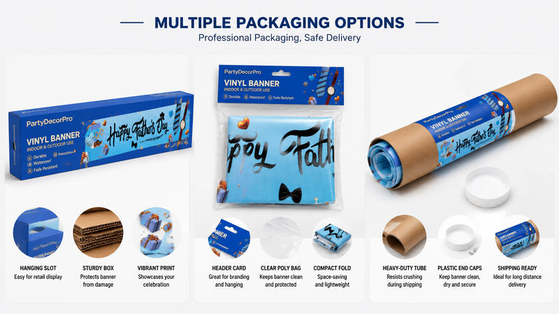 Multiple packaging options for custom Father's Day vinyl banners showing retail box, poly bag, and tube packaging.