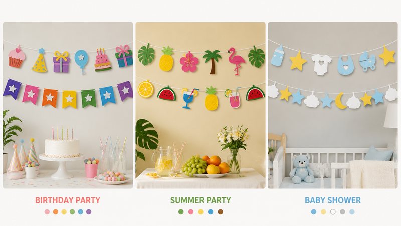 Custom felt garland theme collection featuring birthday party, summer party, and baby shower decorations with colorful hanging shapes and festive display scenes