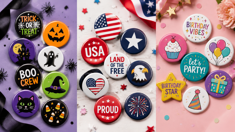 Custom themed button pins for Halloween, patriotic events and birthday party decorations