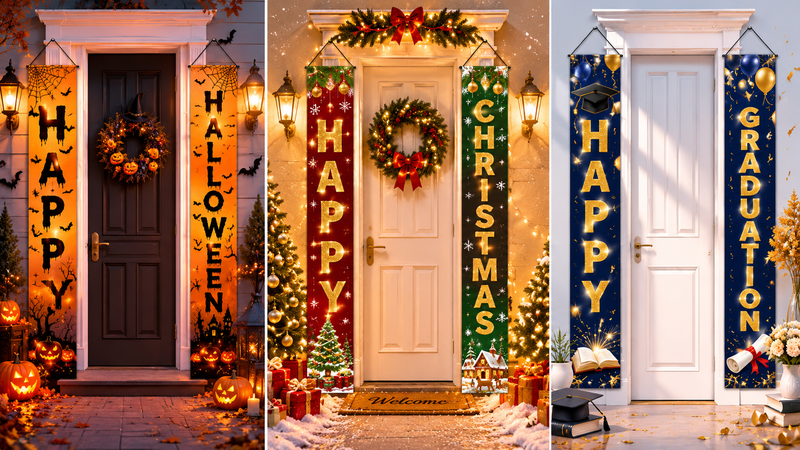 Custom holiday door banner collection with Halloween Christmas and graduation themes for party decorations