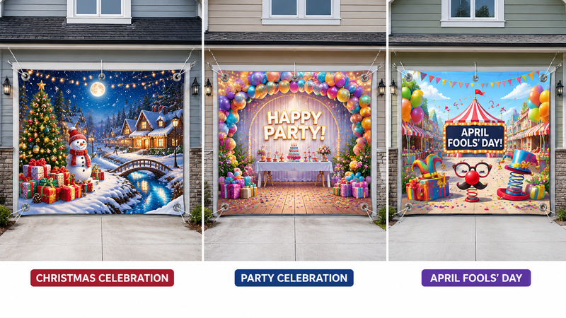 Three festive garage door banners displayed side by side featuring Christmas, Birthday Party, and April Fools' Day themes, HD printed on durable materials with vibrant colors.