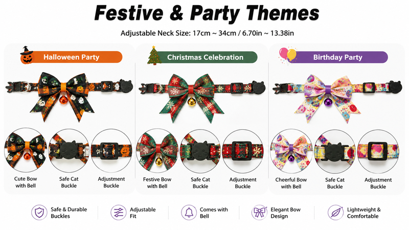 Festive pet collar collection featuring Halloween, Christmas, and birthday party themes with adjustable straps, decorative bow ties, safety breakaway buckles, and bell charms