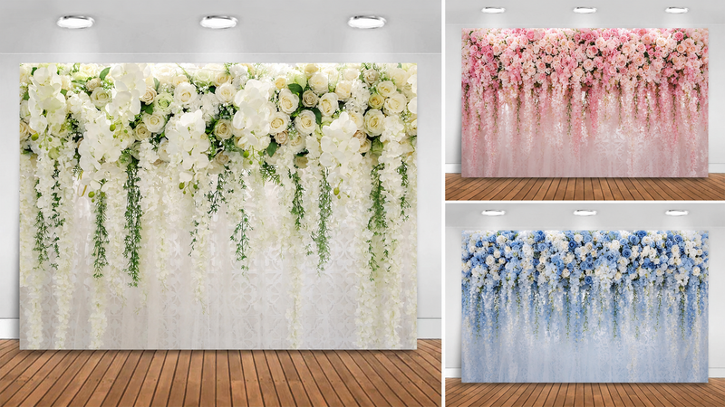 16:9 floral backdrop collection featuring elegant flower wall designs in multiple color themes, high-definition printed fabric backgrounds for weddings, events, photography, and party decorations