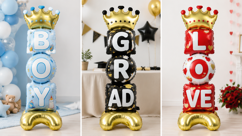 Custom themed foil balloon columns with colorful designs for birthday, baby shower and graduation party decorations