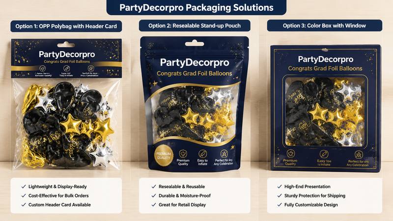 Custom foil balloon packaging solutions with clear bags, resealable pouches, and window gift boxes for graduation party decorations