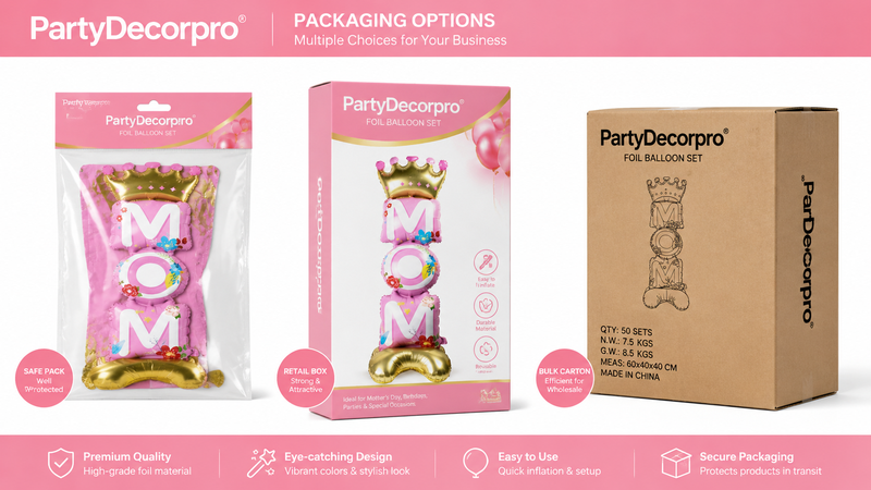 Custom packaging options for pink foil balloon sets including bags, retail boxes, and bulk cartons
