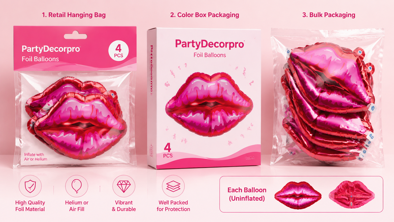 Custom foil balloon packaging solutions with retail bags, color boxes and bulk packaging options